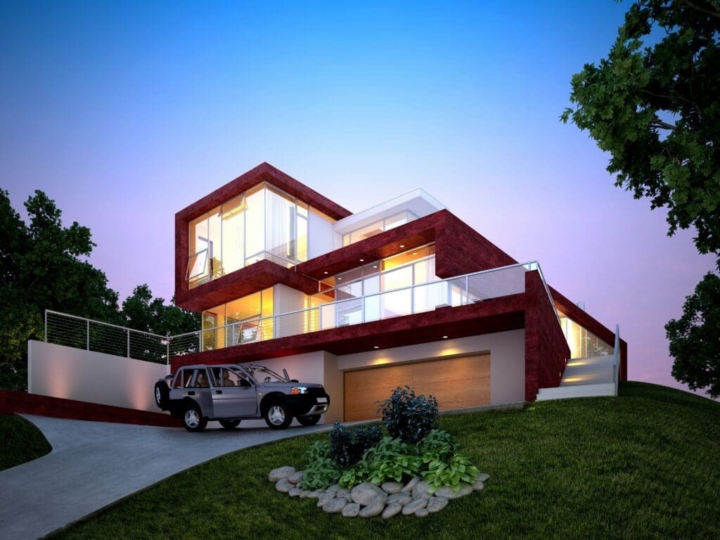 Modern two-story house with large glass windows and wooden accents, a car parked in the driveway, garage doors below, green lawn and trees surrounding the property at sunset.